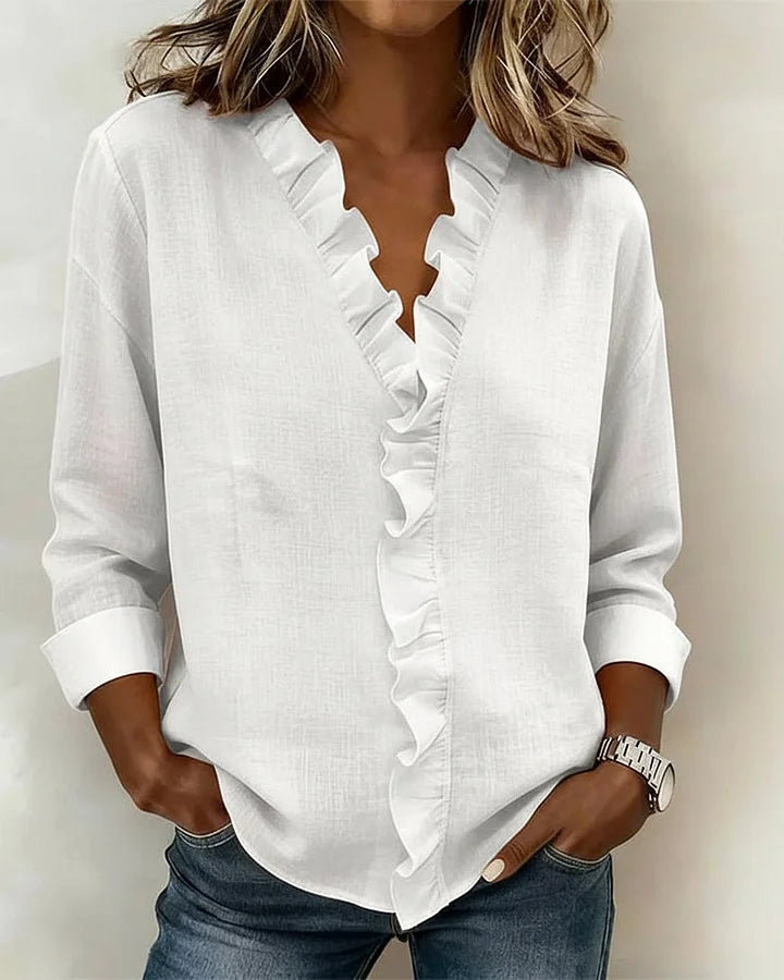 Indie | Blouse with Ruffles V-Neck and Long Sleeves