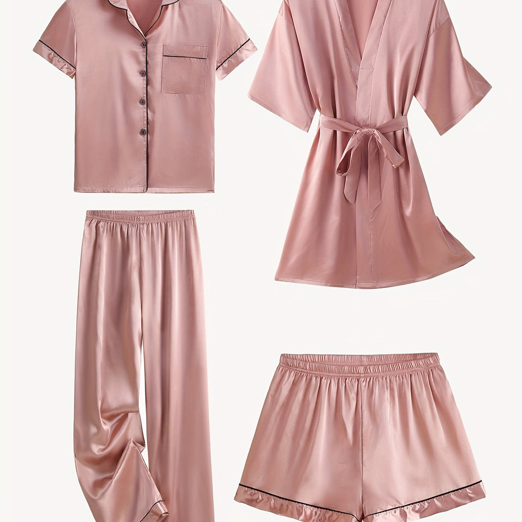 Juliette | 4-Piece Solid Satin Pajama Mid-Sleeve Robe Set