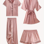 Juliette | 4-Piece Solid Satin Pajama Mid-Sleeve Robe Set